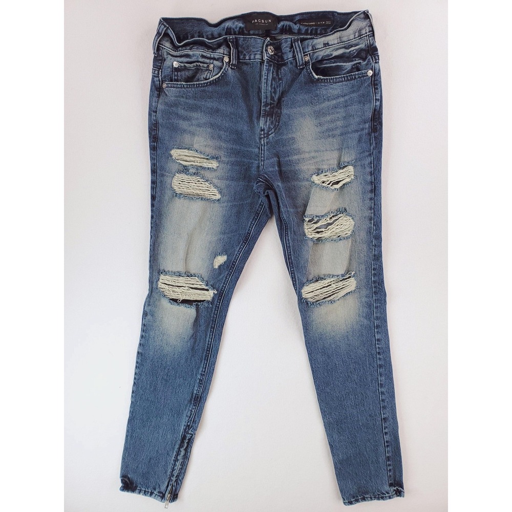 PacSun Jeans Mens 32x30‎ Blue Stacked Skinny Distressed Denim Zipper Hem Stretch